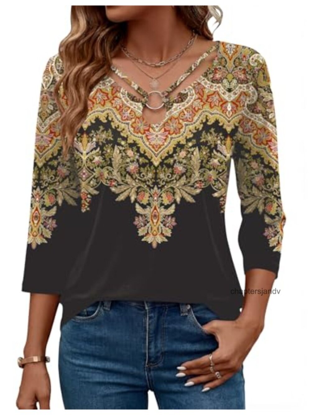 Women's 3/4 Sleeve V-Neck Keyhole Cut Out Top Polyester Rayon Blend Casual